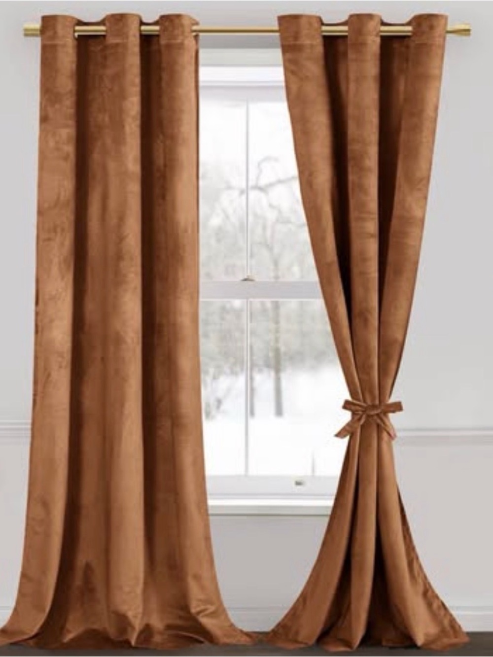 JIUZHEN Golden Brown Velvet Blackout Curtains, set of 2 w/ tieback 96”L x 42”W